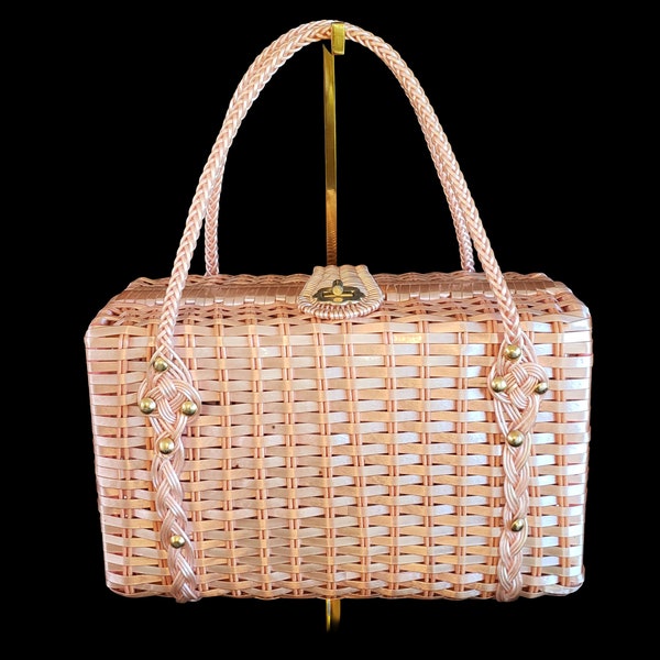 1960s Pearlized Pink Wicker Purse - Minty Top Handle Purse