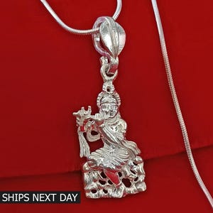 925 Sterling Silver Idol Krishna Pendant, Fluting Lord Krishna Divine Locket, Spiritual Necklace for Men and Women