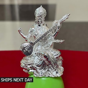 Statuetta religiosa in argento 925 della dea Saraswathi con statua dell'idolo, decorazione per la casa religiosa