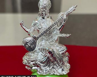 925 Sterling Silver Goddess Saraswati Idol Statue Figurine Religious Home Decor