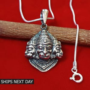 925 Sterling Silver Hindu Deity Hanuman Pendant Three Face Hanuman Locket Protection Amulet Spirituality Necklace