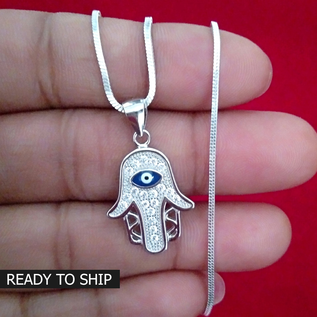 Amulette Hamsa Violette - Collier Argenté Porte-bonheur Contre Le Mauvais œil (Kabbale)