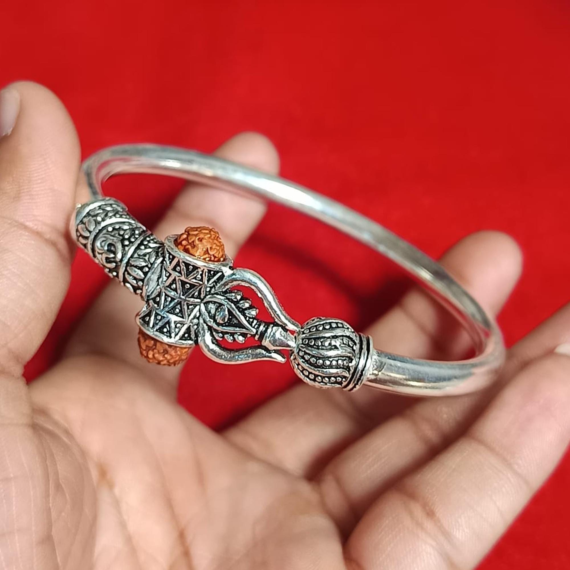925 Sterling Silver Lord Shiva Trident Trishul Bangle Bracelet