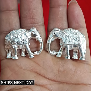 Elephant Statue 925 Sterling Silver Solid Elephant Trunk Down Figurine Elephant Pair