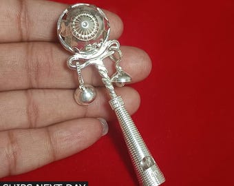Pure Silver Baby Rattle with Bells, Baby Shower Gift