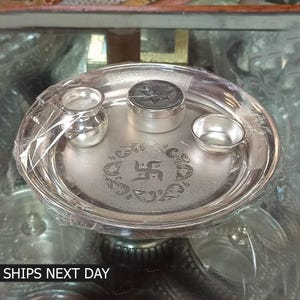 999 Pure Silver Thali for Pooja Pack of 4 Items Fix Attached Silver Pooja Thali Plate Size 6.5&quot;