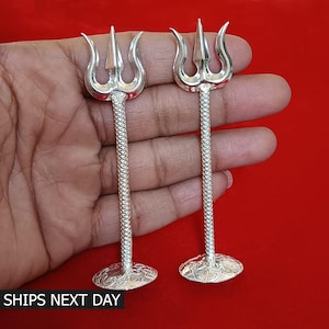 Pure Silver Shiva Trishul Idol Home Temple Decor Shiva Figurine Divine Altar Shrine Tool