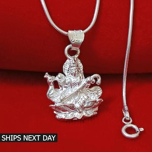 Goddess Saraswati Necklace 925 Sterling Silver Spiritual Amulet Hindu Religious Pendant for Men and Women
