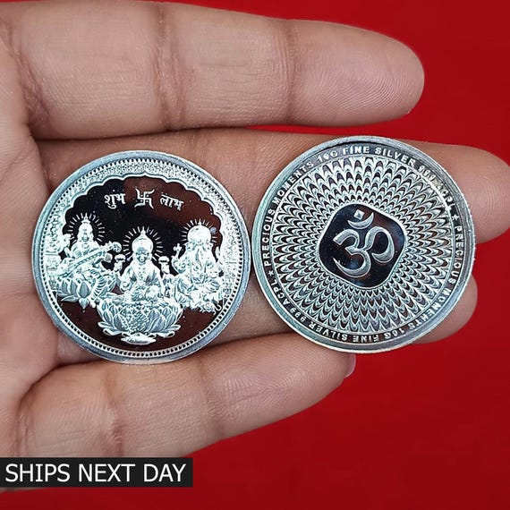 Pure Silver Ganesh Laxmi Saraswati Coin, Religious Gift - Etsy