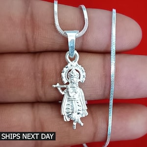 Lord Krishna Pendant 925 Sterling Silver Hindu God Krishna Flute Religious Necklace for Men and Women
