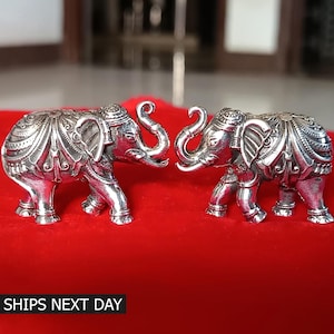 925 Silver Elephant Statue, Kandrai Work Customized Elephant Figurine, Trunk Up Elephant Scupture, Good Luck Gift Elephant Pair