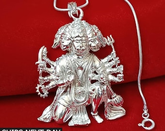 Sterling Silver Panchmukhi Hanuman Pendant Necklace, Religious Amulet