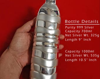 999 Pure Fine Silver Water Bottle, Drinking Water Silver Bottle, Luxury Drinkware, Silver Utensils Gift, BIS Hallmarked