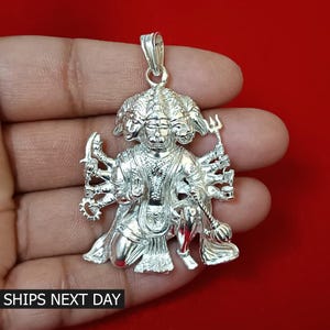 Solid 925 Silver Hindu Idol Lord Panchmukhi Hanuman Pendant Spiritual Necklace Religious Locket for Men and Women