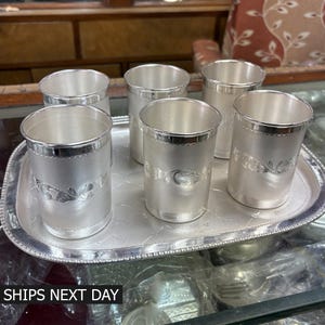999 Pure Silver Handmade Water Milk 6 Glass Set with Tray