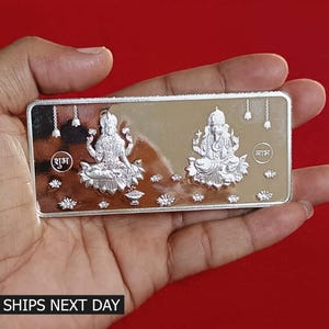 999 Pure Silver Ganesh Laxmi Coin Rectangle Shape with Gift Box, Shri Laxmi Yantra, Silver Bullion Bar, Best Return Gift, BIS Hallmarked