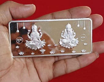 999 Pure Silver Ganesh Laxmi Coin Rectangle Shape with Gift Box, Shri Laxmi Yantra, Silver Bullion Bar, Best Return Gift, BIS Hallmarked