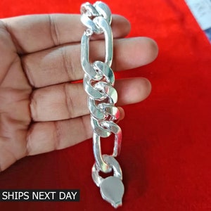 9&quot; Solid Italian 925 Sterling Silver 14mm Wide Figaro Link Chain Bracelet Men&#39;s Silver Heavy Figaro Link Bracelet