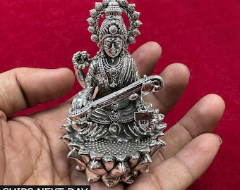 Pure 925 Silver Goddess Saraswati Statue Idols for Pooja Mandir Decor