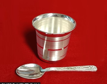 999 Pure Silver Water Milk Glass with Spoon for Baby, Baby Silver Cup, Silver Baby Food Dining Flask, Silver Baptism Gift