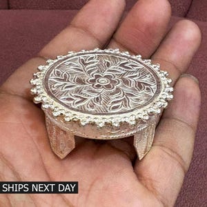 Pure Silver Pooja Chowki, Handmade Round Table Decorative, God Pedestal Idol Stand for Puja, Home Temple Utensils
