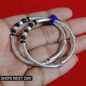 925 Silver Baby Protection Bangle Traditional Nazariya Baby Bangles Black Beads Silver Bracelet Baby Kade