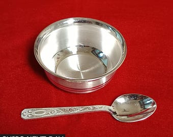 999 Pure Silver Bowl and Spoons Serving Dishes, Baby Food Serving Utensils, Best Gift for Baby Silver Bowl with Spoon
