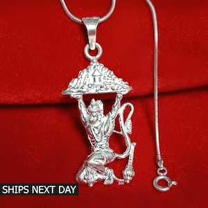 925 Sterling Silver Lord Hanuman with Mountain Pendant Divine Blessing God Hanuman Locket for Men and Women