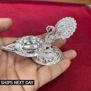 Elegant Oil Lamp Pure Silver Handmade Puja Article