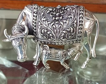 Buy 925 Sterling Silver Cow With Calf Idol, Silver Kamdhenu Statue