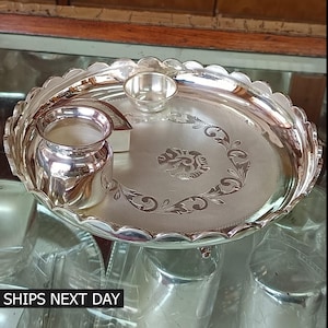 999 Pure Silver Pooja Thali Pack of 4 Items in the set Fix Attached Plate Size 8&quot;