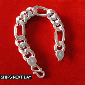 Italian 925 Sterling Silver 14mm Wide Figaro Link Chain Bracelet Men&#39;s Handmade Solid Silver Heavy Figaro Link Bracelet 9&quot;