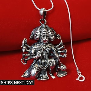 Pure 925 Sterling Silver Hindu Idol Lord Panchmukhi Hanuman Pendant Religious Protection Amulet Locket Men&#39;s Necklace