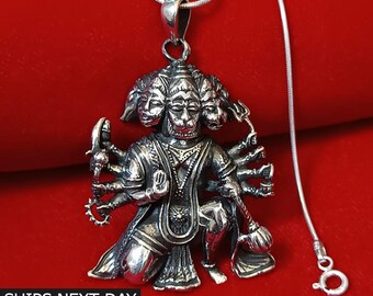 Sterling Silver Panchmukhi Hanuman Pendant, Religious Amulet Necklace