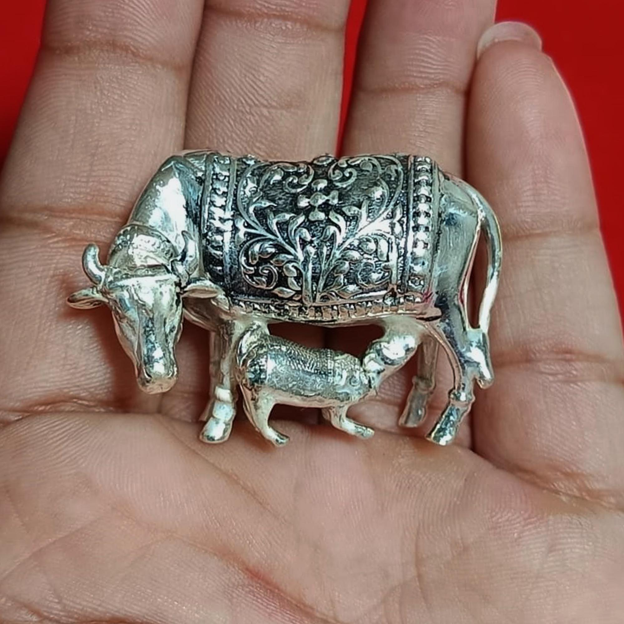 Sterling Silver Kamdhenu Cow With Calf Statue - Etsy