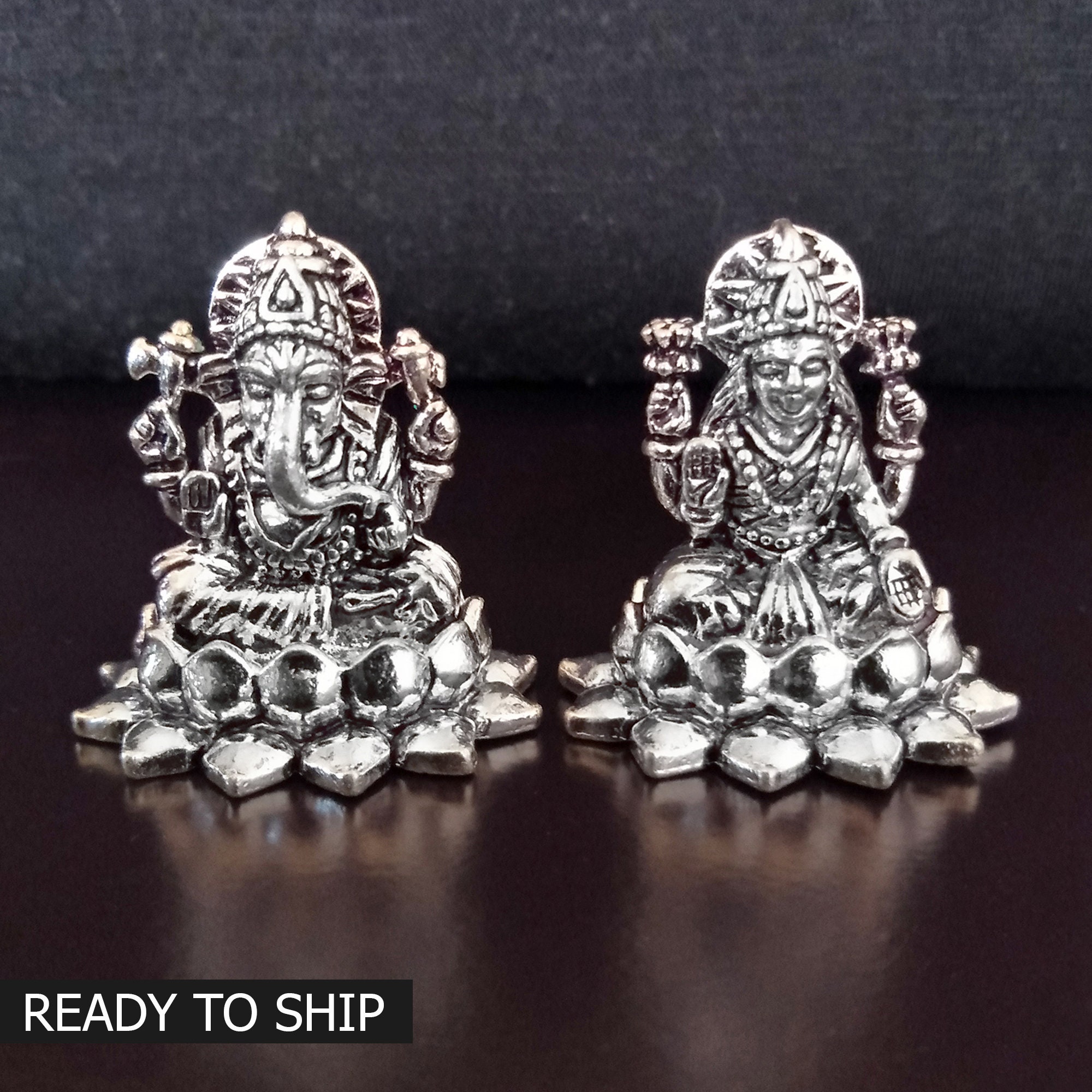   Silver 925 ム−ンライトブロッサム 159 Sterling Silver Lakshmi Ganesha Statue Idol, Hindu Puja Figurine
