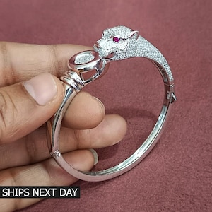 925 Sterling Silver Bracelet for Women, Jaguar Head Solid Silver Bangle Bracelet, Panther Armband, Leopard Bracelet Adjustable