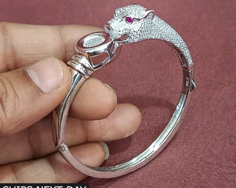 Jaguar Head Sterling Silver Bangle Bracelet - Adjustable Panther Armband