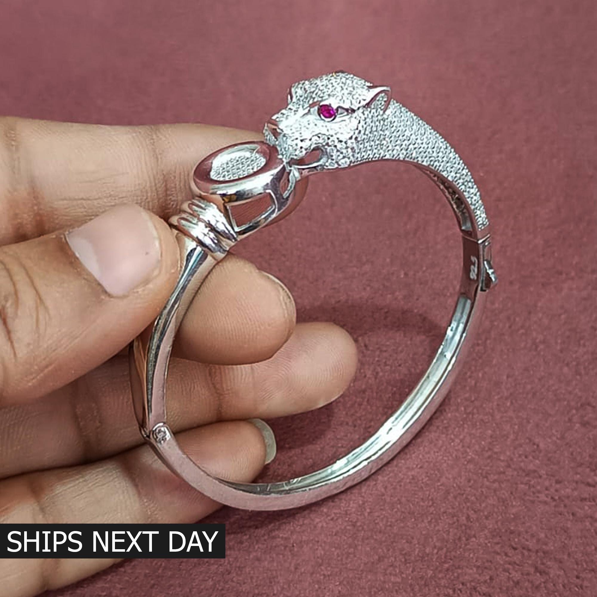 ジャガーヘッド スターリングシルバー バングルブレスレット - 調節 