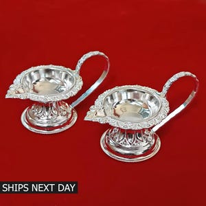 Handmade Pure Silver Diya Oil Lamp, Elegant Puja Deepak