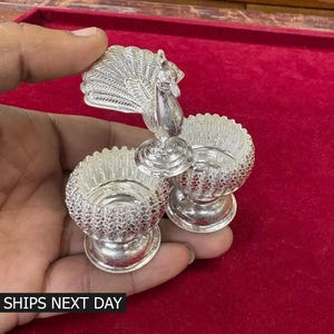 Handmade 925 Sterling Silver Kumkum Tilak Bowl, Peacock Puja Article