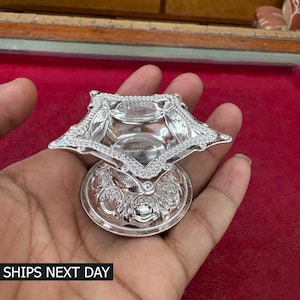 Handmade Sterling Silver Diya Elegant Oil Lamp Pooja Accessory