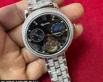 925 Sterling Silver Mens Automatic Watch, Black Dial Anniversary Gift
