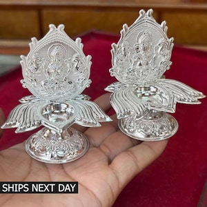 Handmade Silver Elegant Oil Lamp Laxmi Ganesh Deepak Diya Home Temple Article