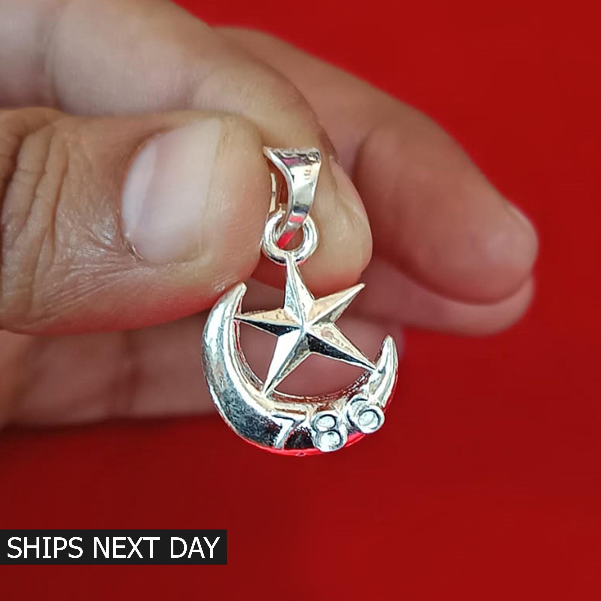 Sterling Silver Islamic Moon Star Pendant, Lucky 786 Amulet - Etsy