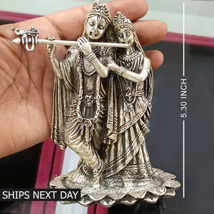Solid Sterling Silver Hindu Idol Radha Krishna Statue Sculpture Krishna Figurine Home Temple Art [NET WT 495 GM]