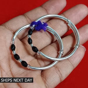925 Sterling Silver Baby Bangle New Born Baby Black Beads Baby Nazariya Bangle
