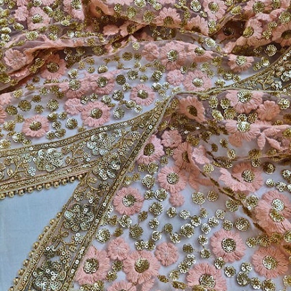 Peach Floral Embroidery Sequins Work Net Dupatta