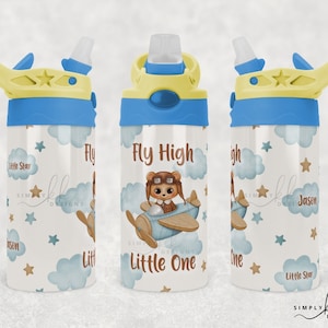 Fly High Little One, Bear in Plane, Sublimation Kid&#39;s 12 oz Flip Top Tumbler Wrap, Personalize, Small Business Use, FH130
