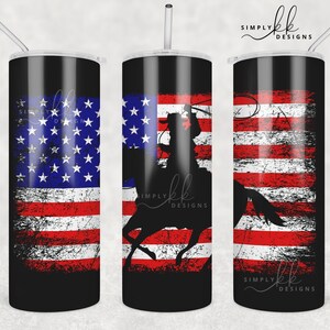 May include: Three black stainless steel tumblers with a distressed American flag design and a silhouette of a cowboy riding a horse. The tumblers have a white and red striped design with a blue star field at the top. The text "SIMPLY kk DESIGNS" is on the tumblers.